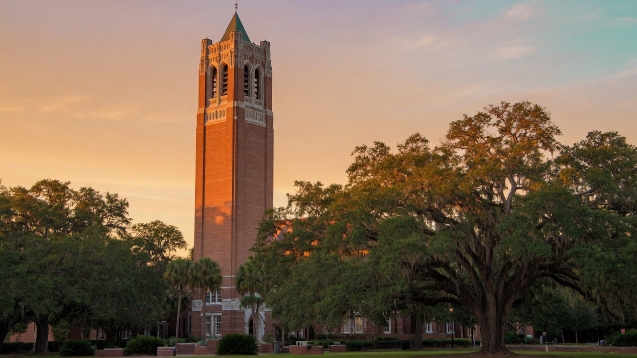 Century Tower, the tall brick bell tower at the University of Florida, rising above the trees