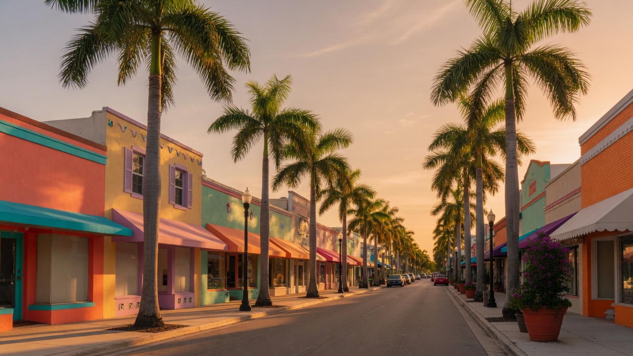 A palm-lined street of low colourful storefronts in downtown West Palm Beach